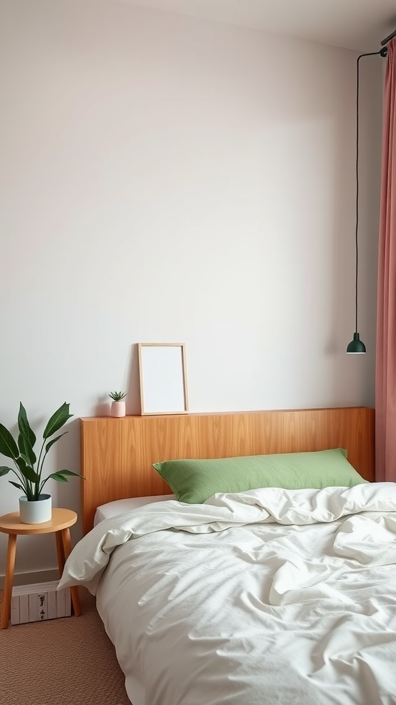 A minimalist bedroom featuring a green pillow, pink curtains, and a wooden headboard.