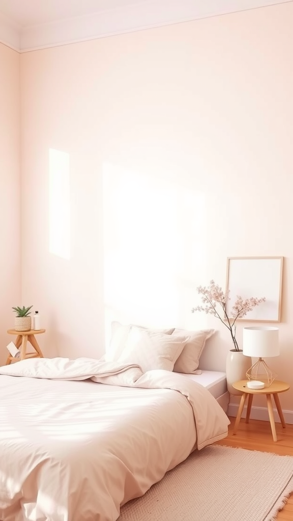 Minimalist pink bedroom with soft bedding, a plant, and minimal decor.