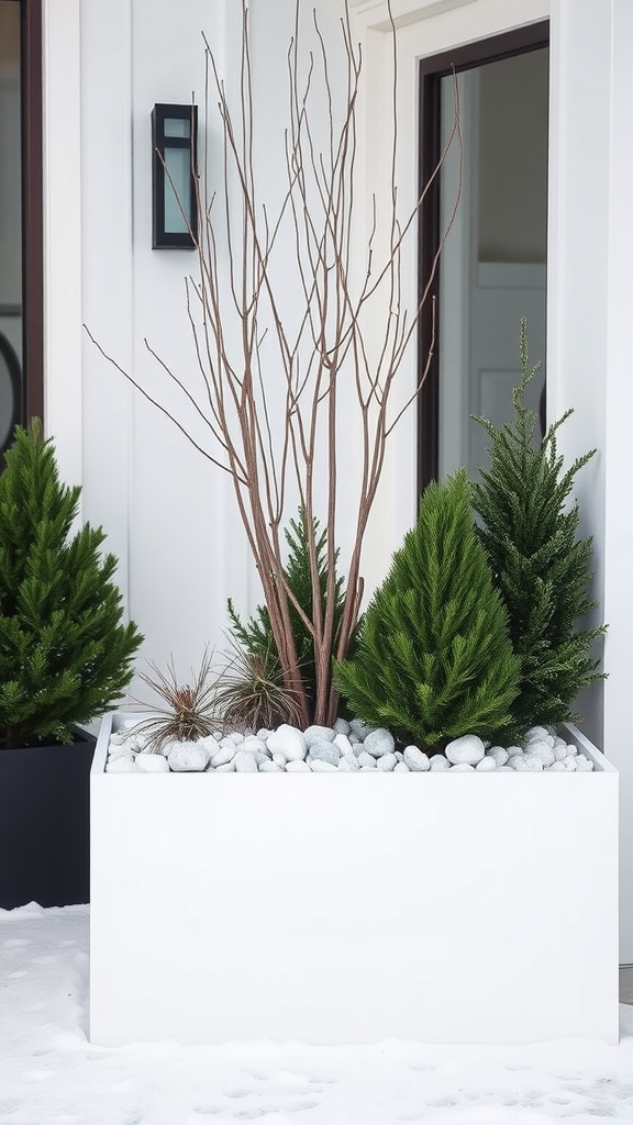 A modern planter filled with green plants and white stones, set against a minimalist backdrop.