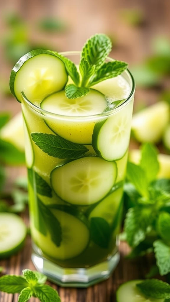 A refreshing minty cucumber drink with slices of cucumber and mint leaves.