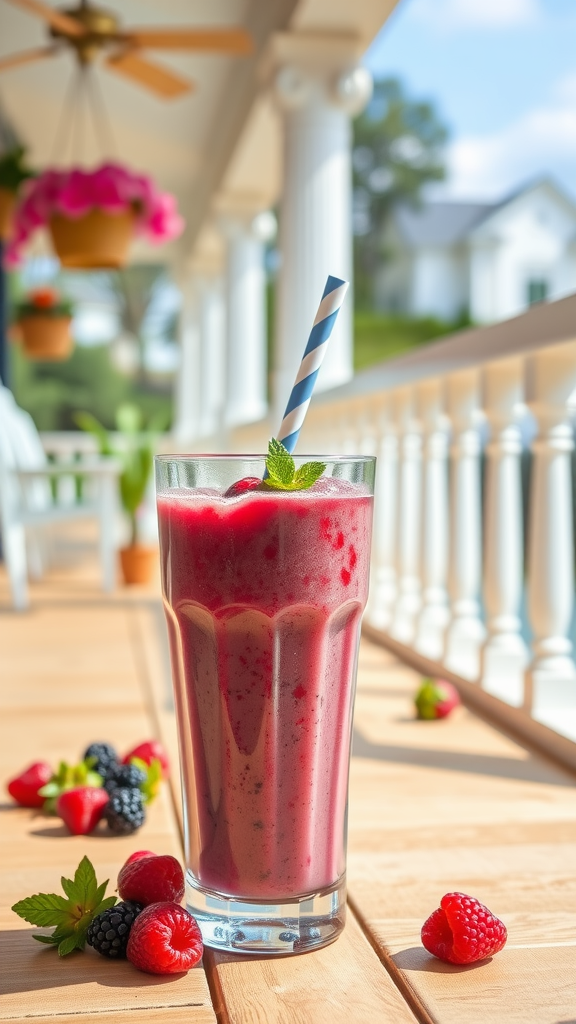 A vibrant mixed berry smoothie in a tall glass, garnished with a mint leaf and a striped straw, surrounded by fresh berries on a wooden table.