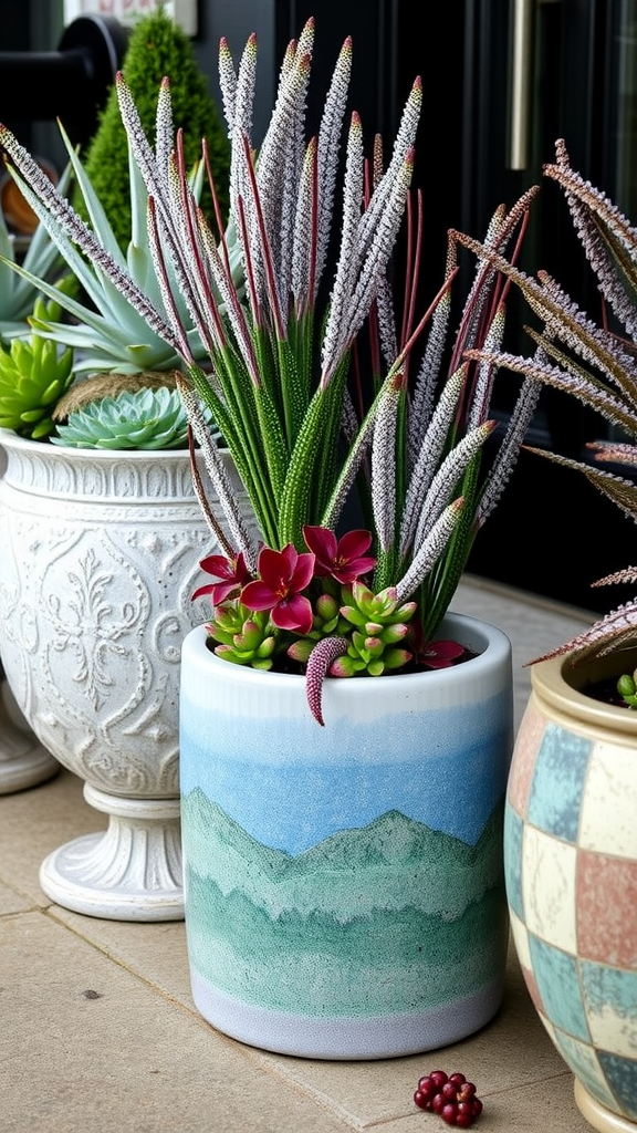 A variety of textured planters with colorful plants, showcasing different designs and materials.