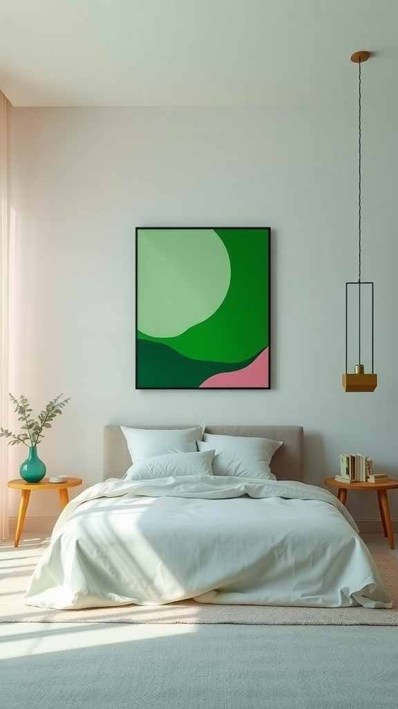 A modern bedroom featuring a green and pink abstract painting above a bed with white bedding.