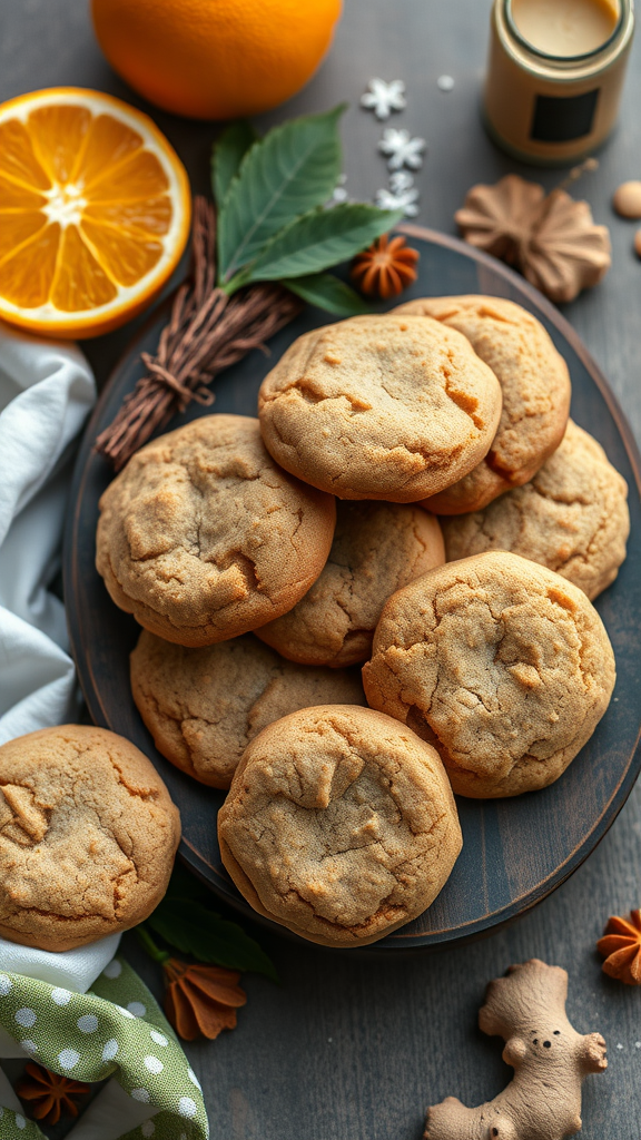 A plate of freshly baked molasses cookies surrounded by orange slices and spices.