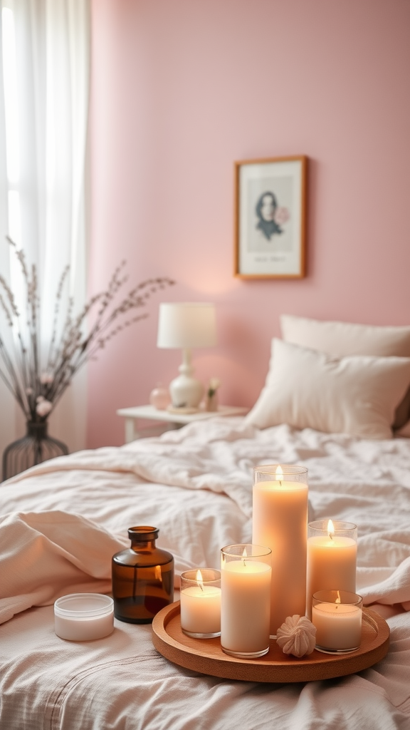 Cozy light pink bedroom with scented candles and flowers