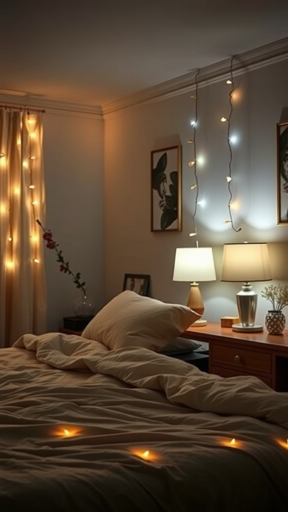 Cozy bedroom with soft lighting, string lights, and candles creating a warm atmosphere.