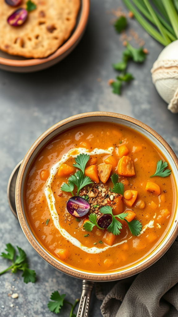 A bowl of Moroccan spiced carrot and lentil soup topped with yogurt, herbs, and colorful vegetables.