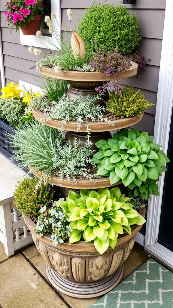 A multi-tiered planter with various green plants arranged in an aesthetically pleasing way.