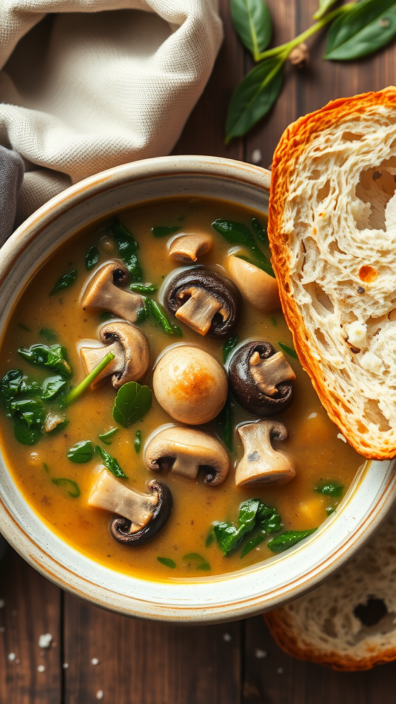 Bowl of mushroom and spinach soup with slices of bread