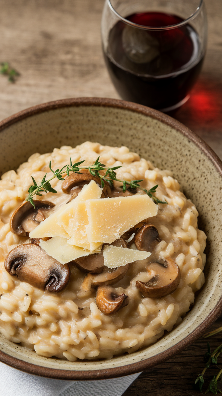 A bowl of creamy mushroom risotto topped with Parmesan cheese and fresh thyme.