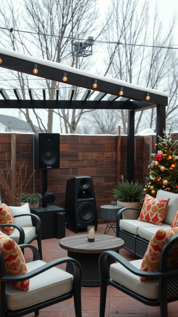 A cozy outdoor patio setup with speakers, chairs, string lights, and a candle, perfect for winter gatherings.