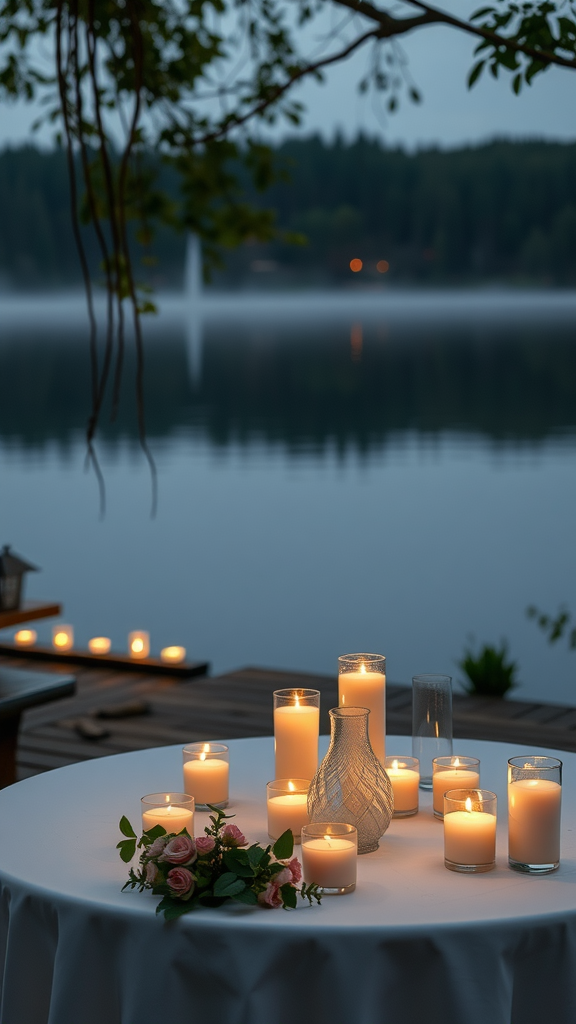 A romantic outdoor dining setup by the water with candles and flowers.