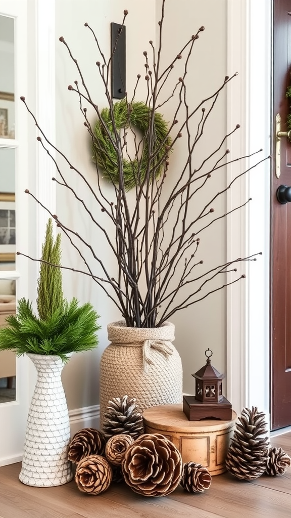 A cozy decor setup featuring tall branches in a pot, a vase with greenery, pine cones, and a lantern.