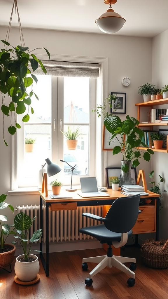 Cozy home office with plants, wooden desk, and natural light