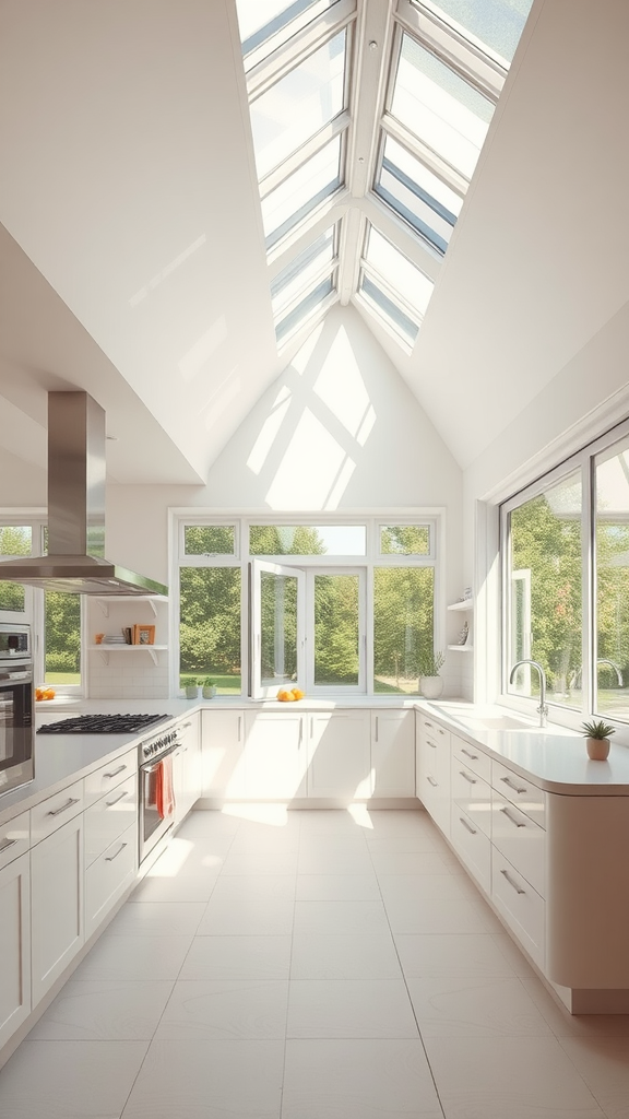 A modern kitchen with large windows and skylights allowing natural light to fill the space.