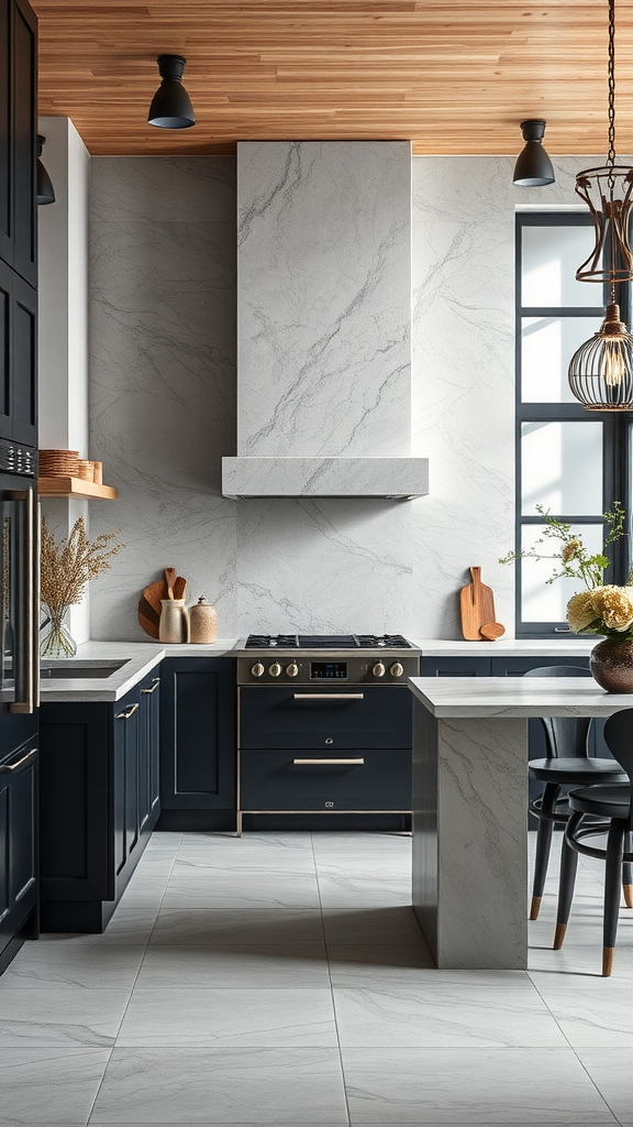 Modern kitchen with natural stone elements, featuring dark cabinets and a sleek stone backsplash.