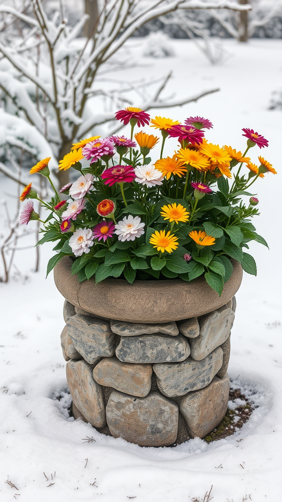 Natural stone planter filled with vibrant flowers surrounded by snow