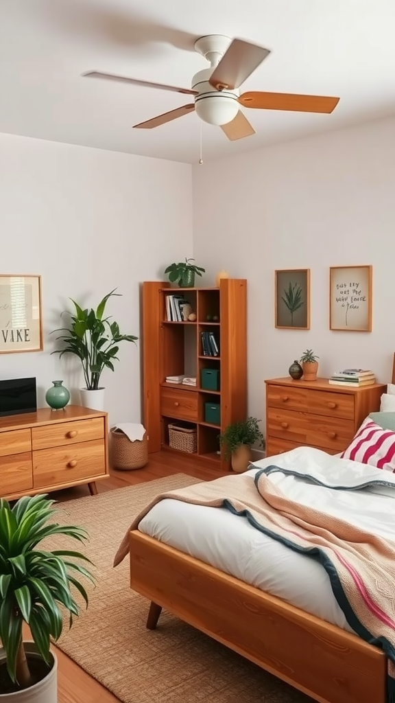 A cozy bedroom featuring natural wood furniture, green plants, and pink accents.