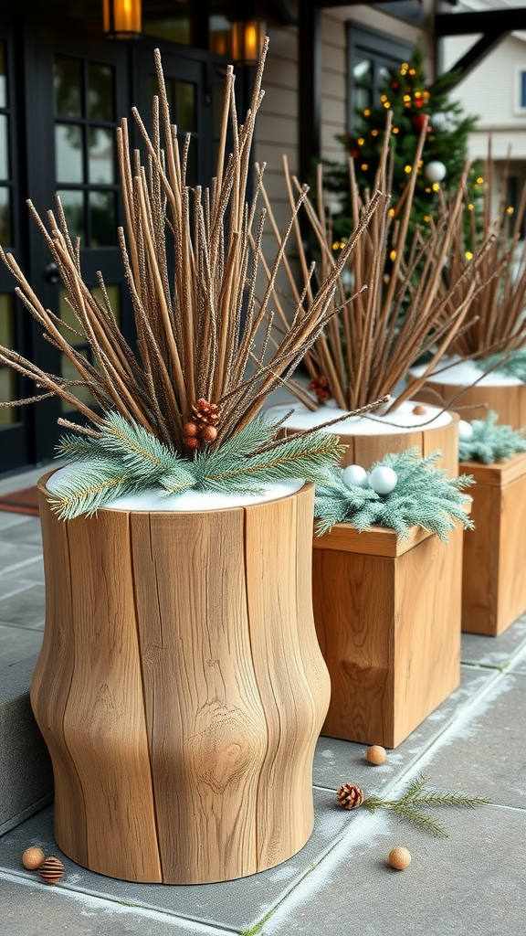 Natural wood planters with twigs and seasonal decorations