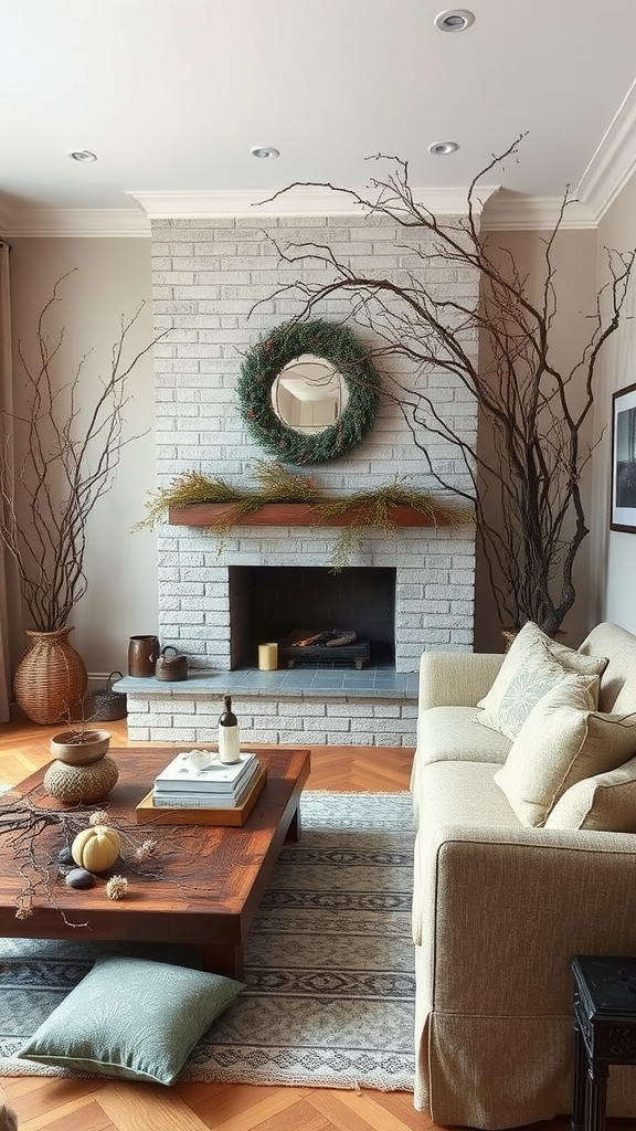 Cozy living room with a fireplace, natural decor, and warm tones