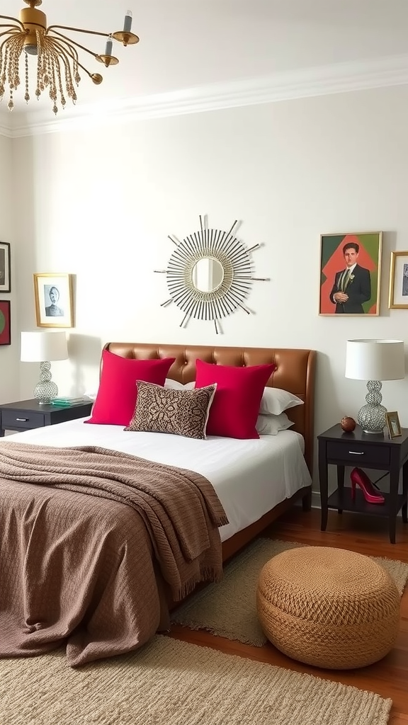 Modern bedroom featuring a neutral color palette with bold pink accents on pillows.