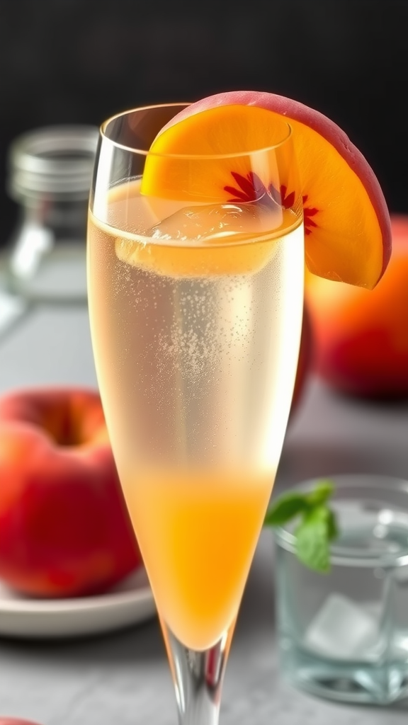 A refreshing Non-Alcoholic Bellini served in a tall glass, garnished with a peach slice, surrounded by fresh peaches.