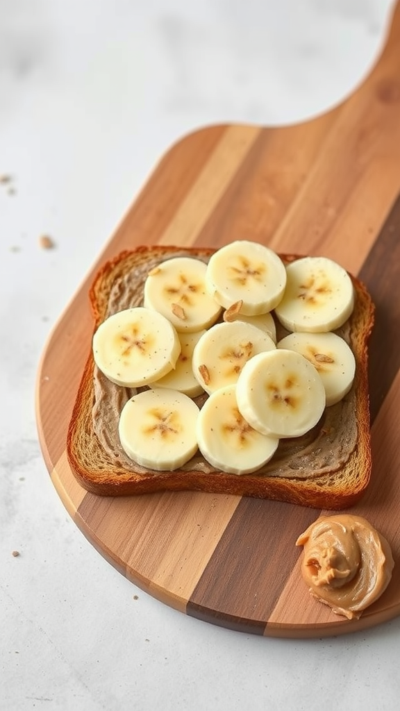 A slice of toast topped with nut butter and banana slices on a wooden board.