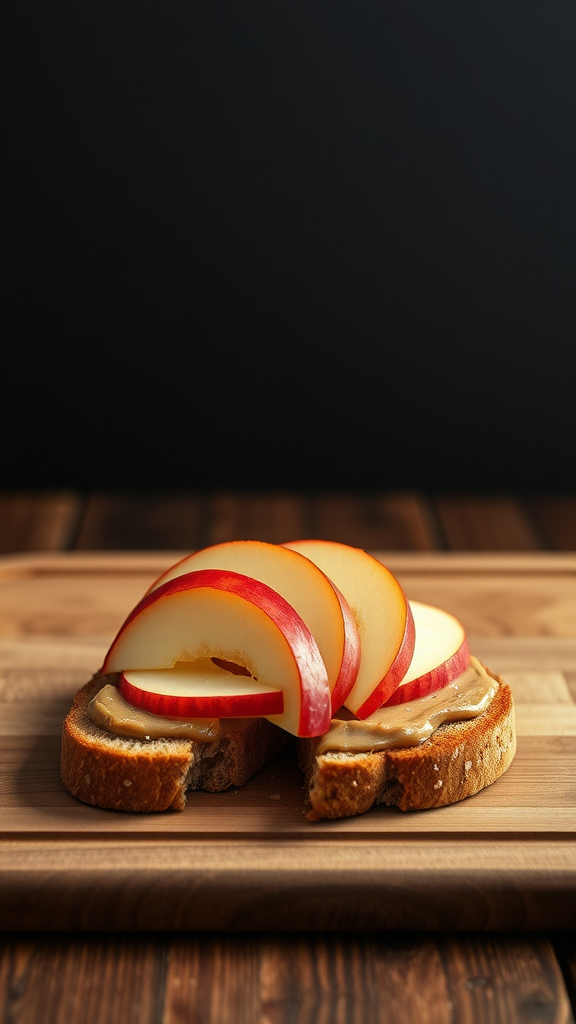 Two slices of whole grain toast topped with nut butter and apple slices on a wooden cutting board.