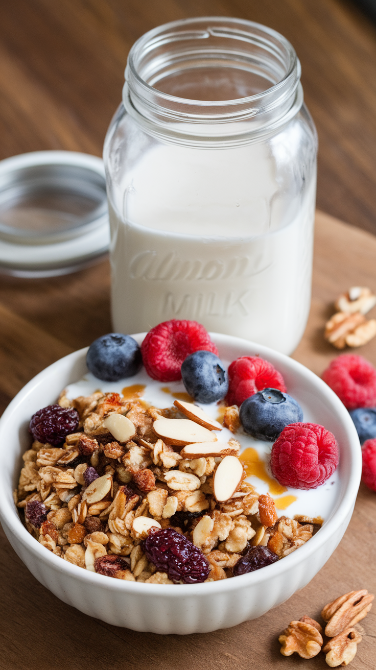 A bowl of nutty granola topped with fresh berries and a jar of almond milk.