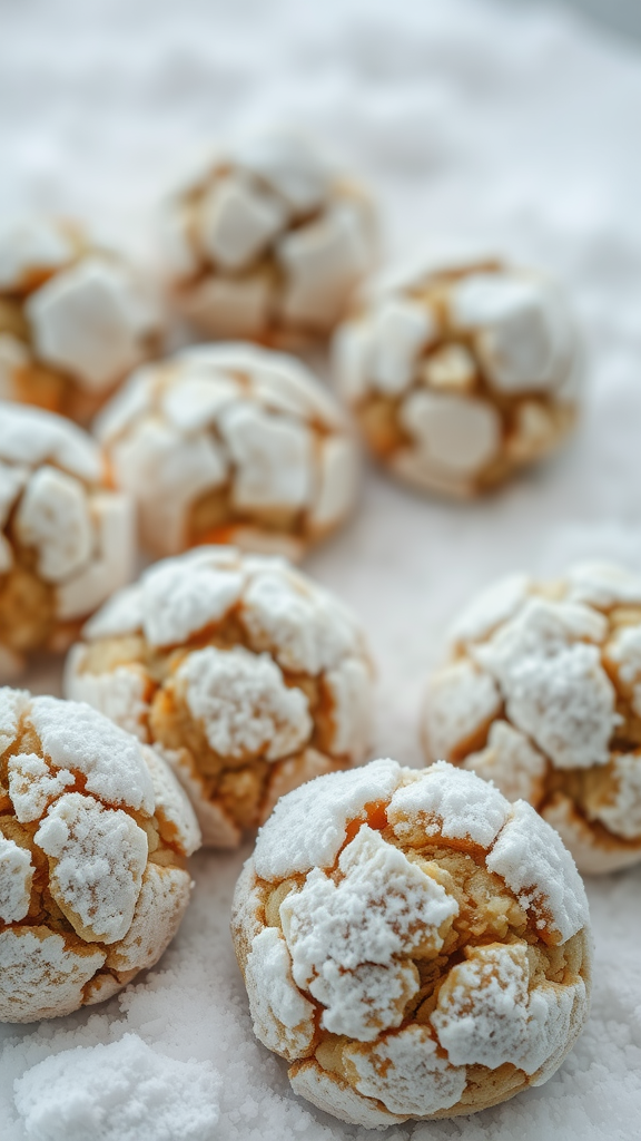 Nutty Snowball Cookies coated in powdered sugar, resembling snowballs.