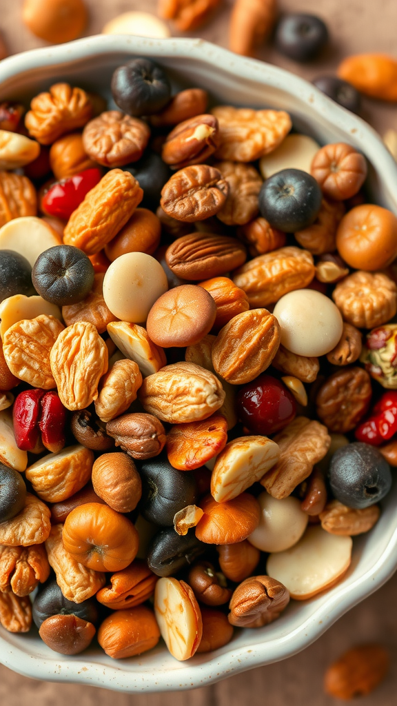 A bowl of colorful nutty trail mix with dried fruits