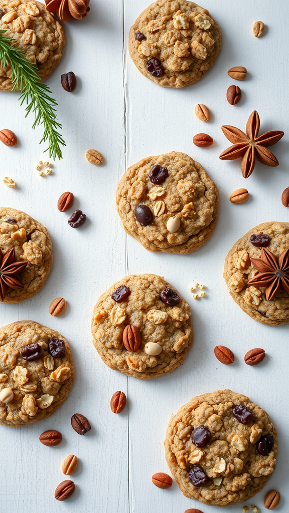 Oatmeal raisin cookies with chocolate chips and nuts, decorated with star anise and a sprig of pine.