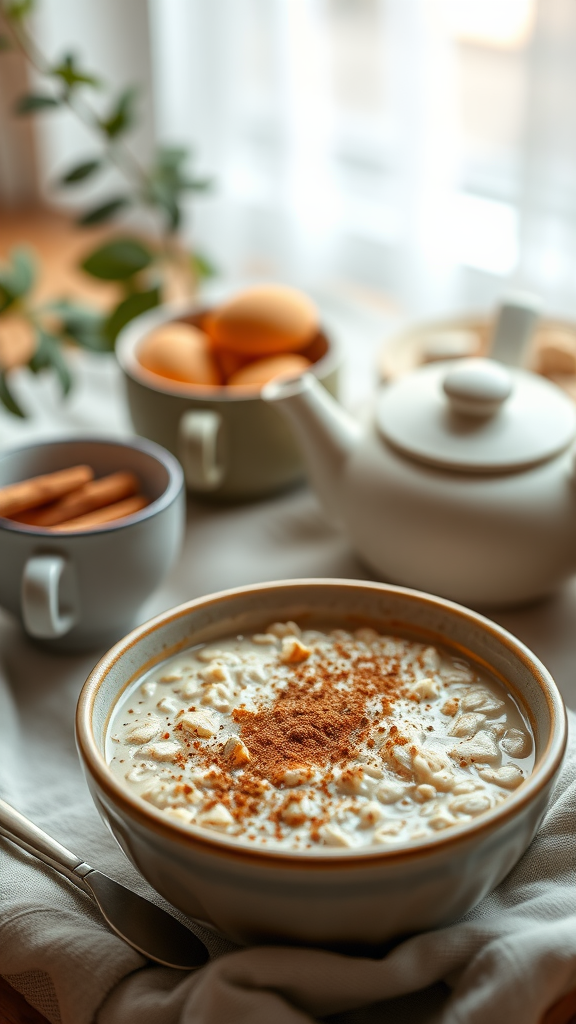 A bowl of oatmeal topped with nutmeg and cinnamon, with tea and snacks in the background.