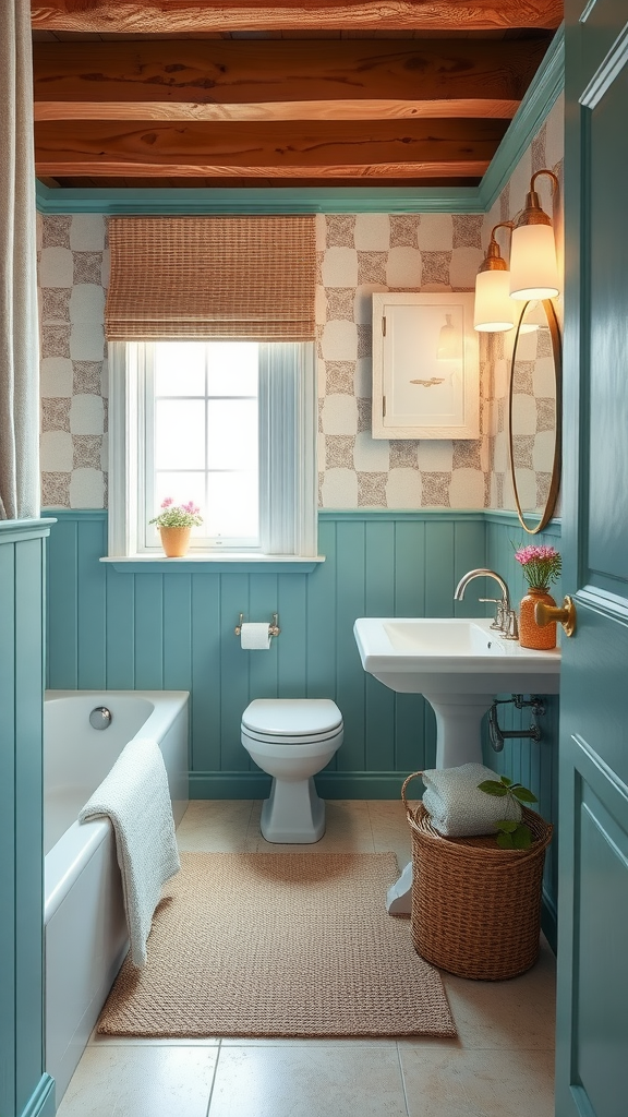 A stylish bathroom featuring teal tiled walls, a white sink, and a cozy rug.