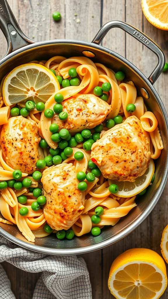 A pan of lemon chicken pasta with spaghetti, green peas, and slices of lemon