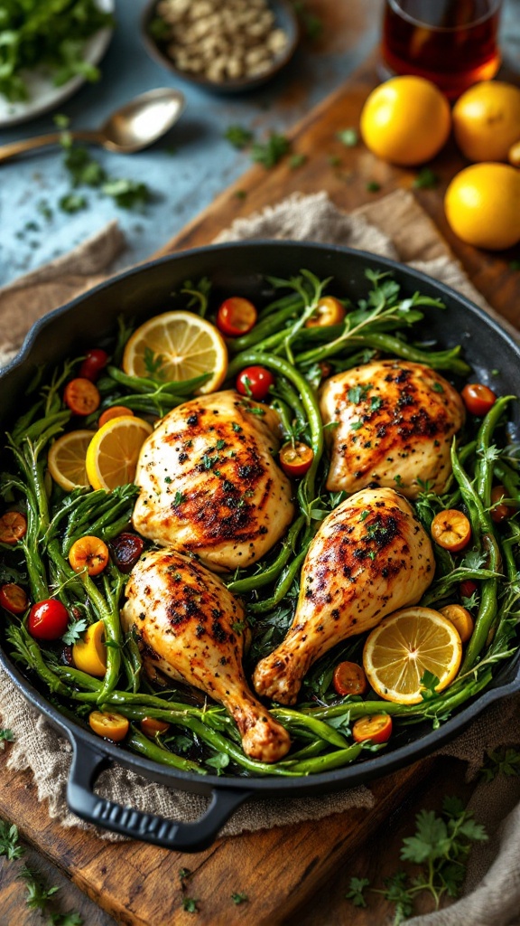 Easy Weeknight Recipes. One-Pan Lemon Garlic Chicken with green beans and cherry tomatoes