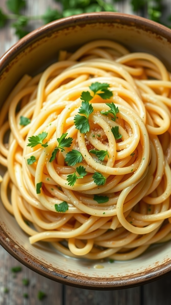 A bowl of One-Pot Garlic Parmesan Pasta topped with fresh parsley