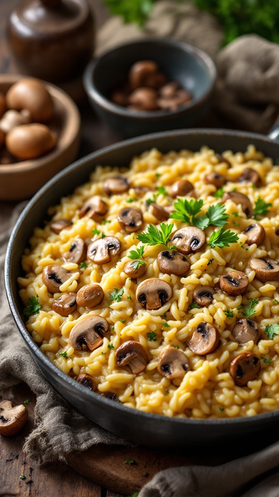 A bowl of creamy mushroom risotto garnished with parsley, surrounded by mushrooms and a rustic setting.