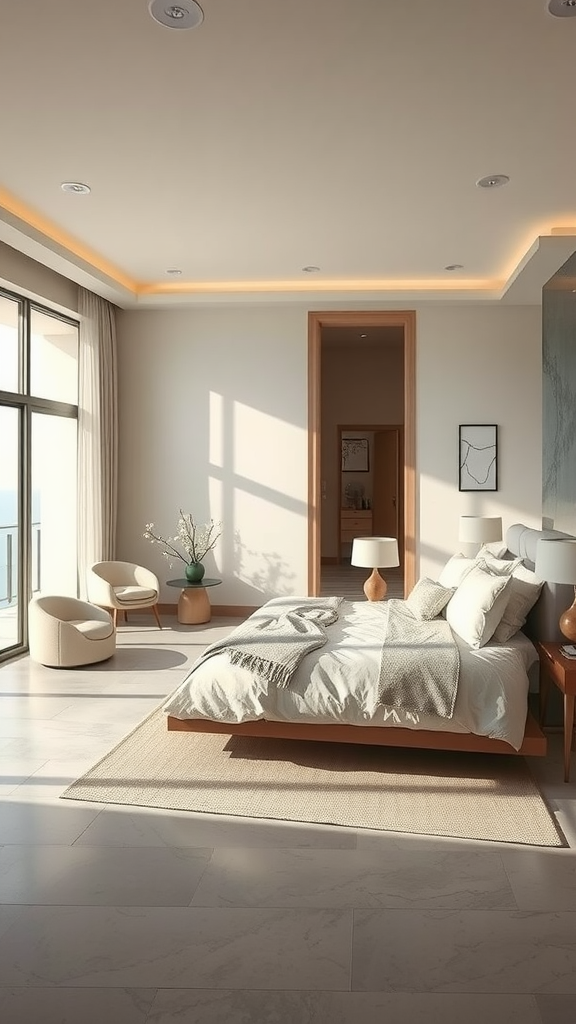 Modern bedroom with open-concept layout featuring a large window, comfortable seating area, and minimalistic decor.