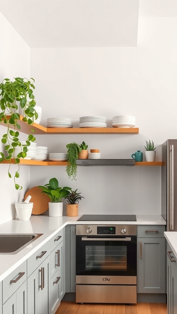 A modern kitchen with open shelving displaying plates and plants, showcasing a blend of style and accessibility.