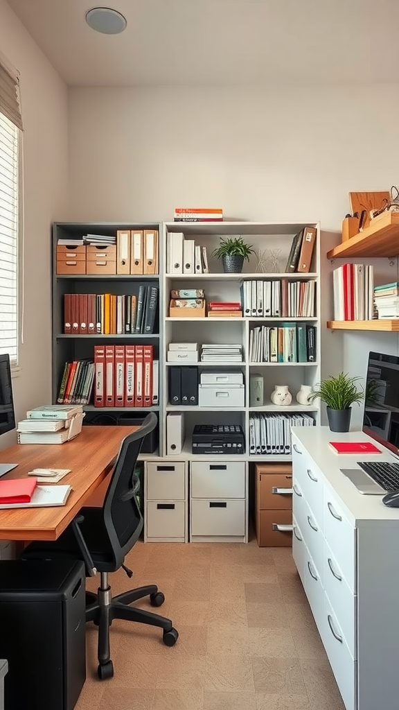 A cozy home office with organized shelves, storage boxes, and a clean desk setup.