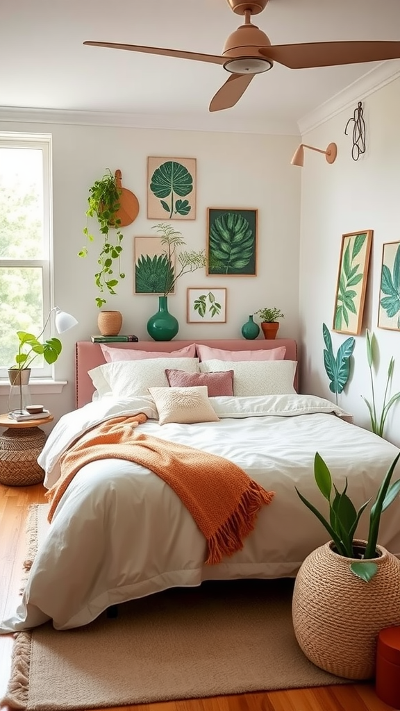 A bright and airy bedroom featuring green curtains, pink furniture, and plants, creating a fresh outdoor-inspired atmosphere.