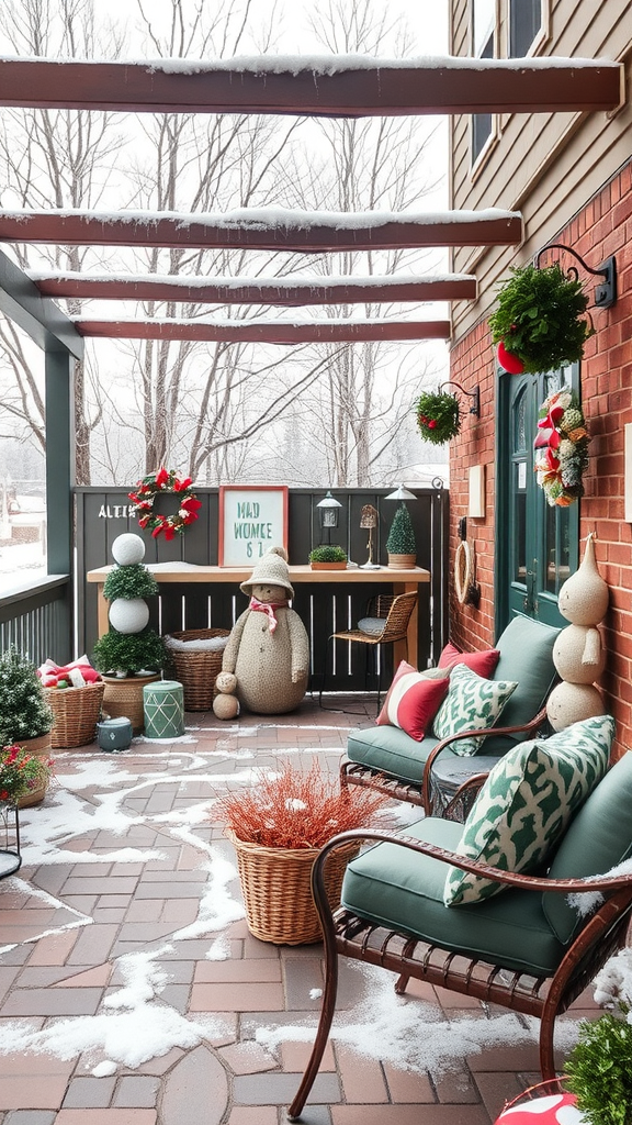 Cozy winter outdoor patio with snow, decorated with wreaths, a snowman, and festive pillows.