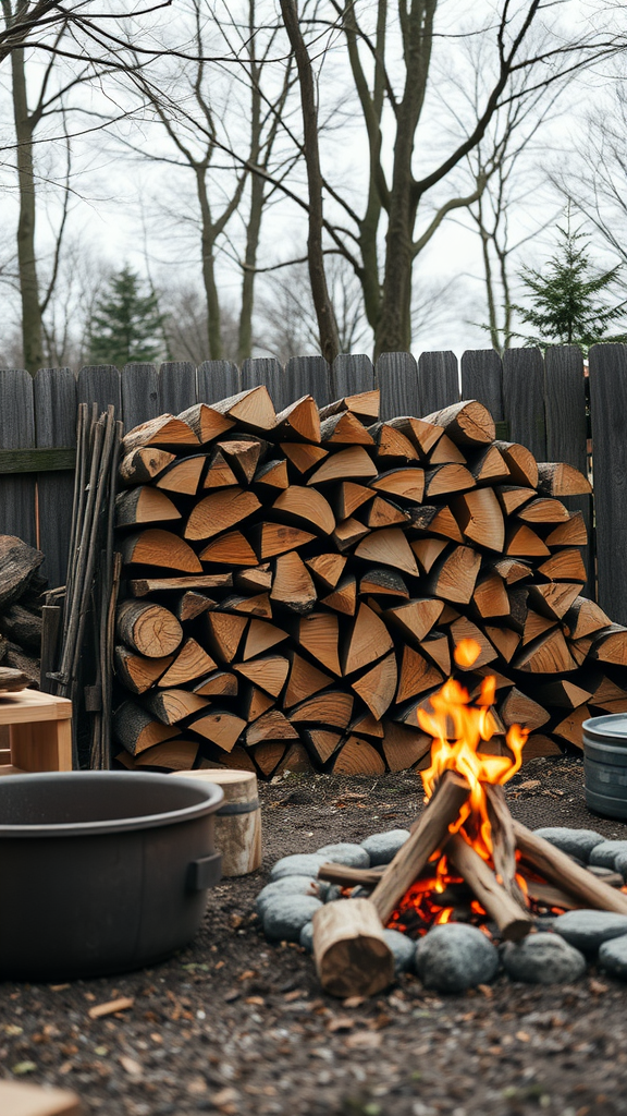 A cozy outdoor scene featuring neatly stacked firewood and a warm fire pit surrounded by stones.