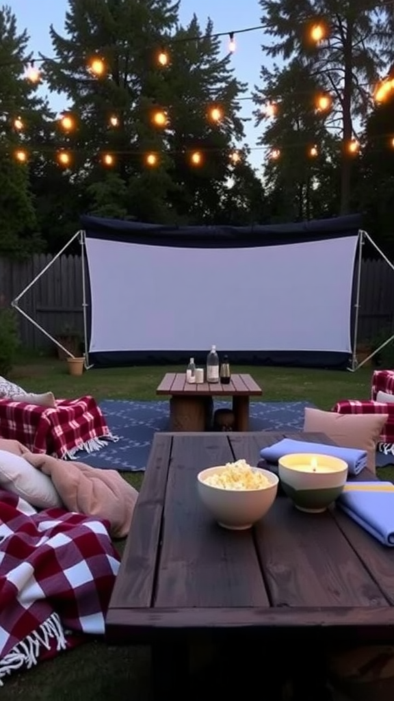 A cozy outdoor movie setup with blankets, popcorn, and a large screen.