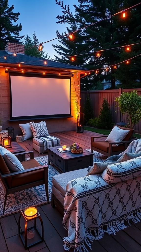 Cozy outdoor patio setup for winter movie nights with string lights and comfortable seating.