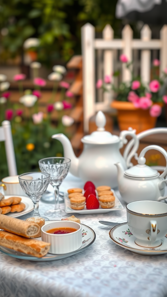 A beautifully arranged outdoor tea party setting with pastries, strawberries, and a teapot.