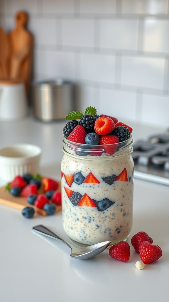 A jar of overnight oats layered with fresh berries on a kitchen countertop