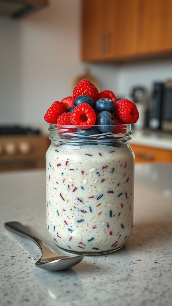 A jar of overnight oats topped with fresh raspberries and blueberries, placed on a kitchen counter with a spoon beside it.