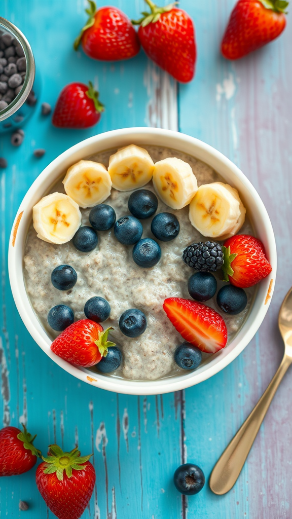 A bowl of overnight oats topped with fresh strawberries, bananas, blueberries, and blackberries, with other fruits scattered around.